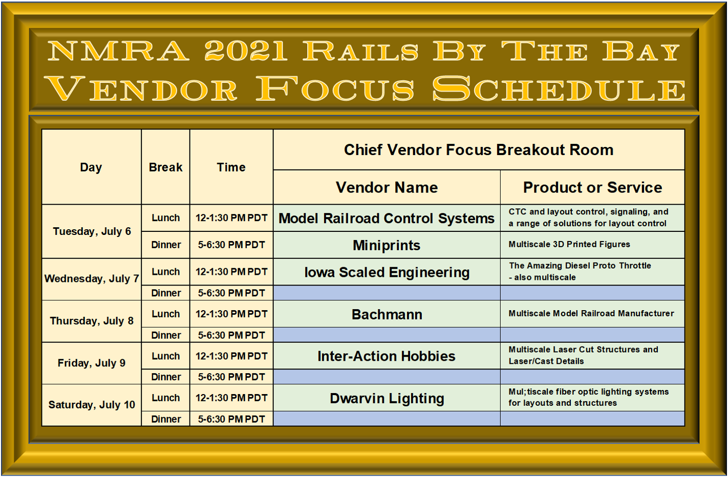 Vendor Focus Schedule