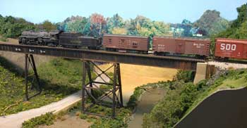 Train No. 45 works its way up notorious Cayuga Hill on Tony Koester’s NKP layout